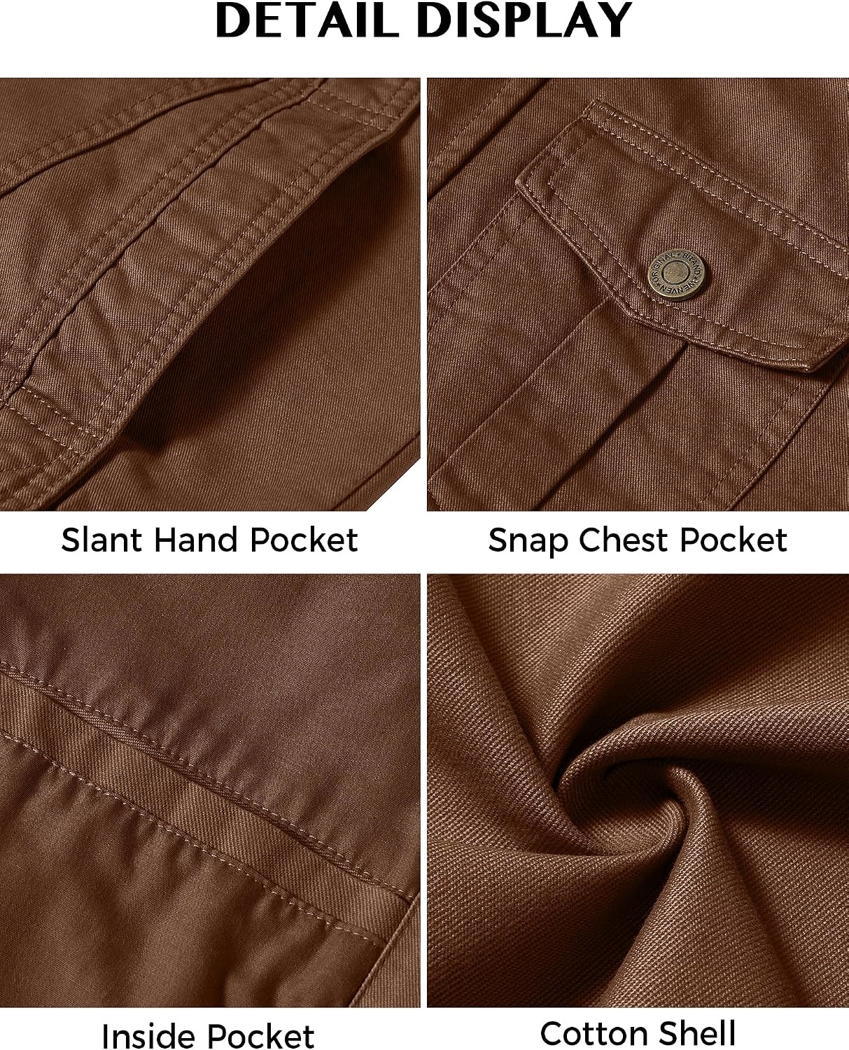 image:imageWenVen Mens Casual Washed Cotton Military Jacket Spring Fall Stand Collar Workwear Canvas CoatCoffee