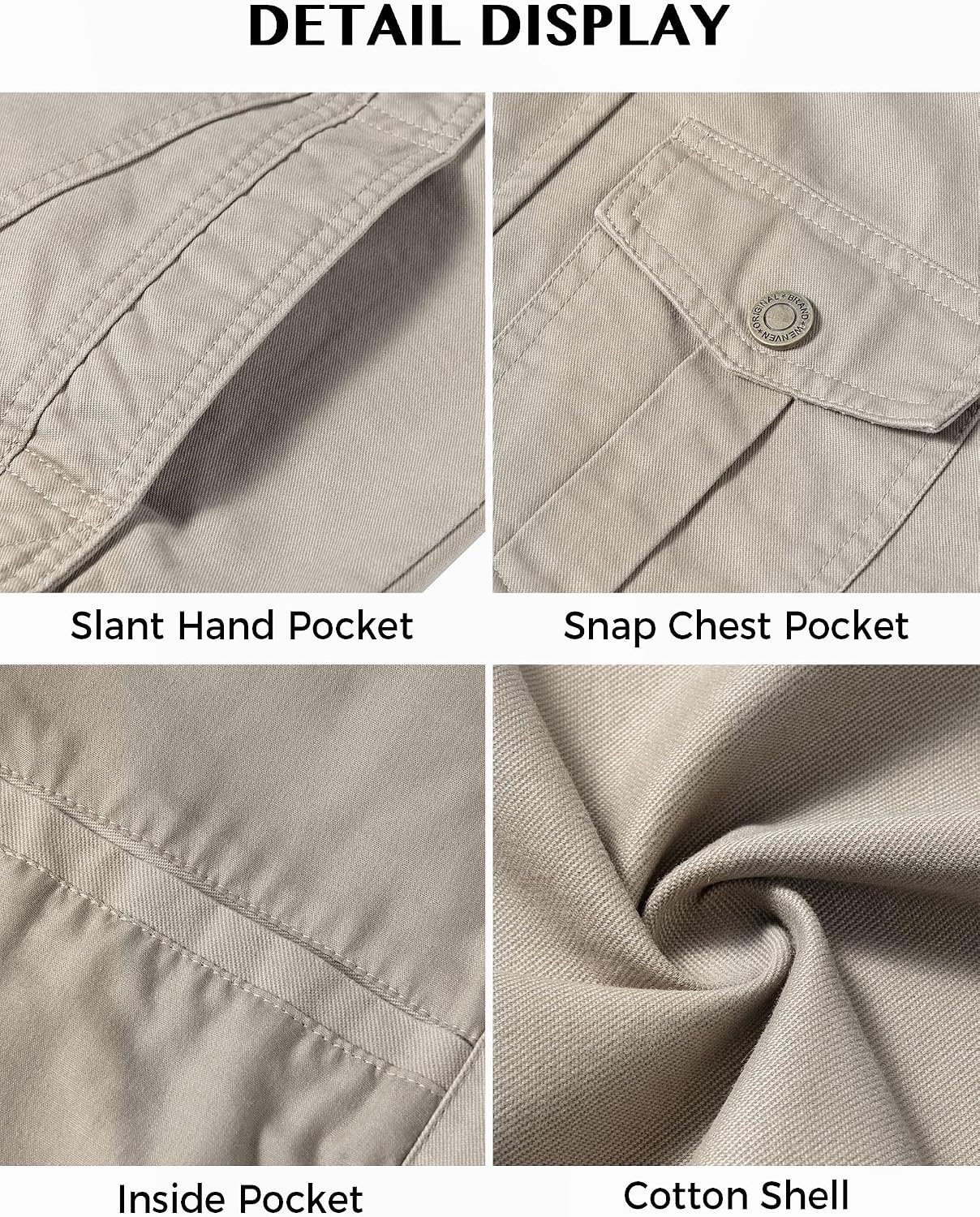 image:imageWenVen Mens Casual Washed Cotton Military Jacket Spring Fall Stand Collar Workwear Canvas CoatDesert Sand