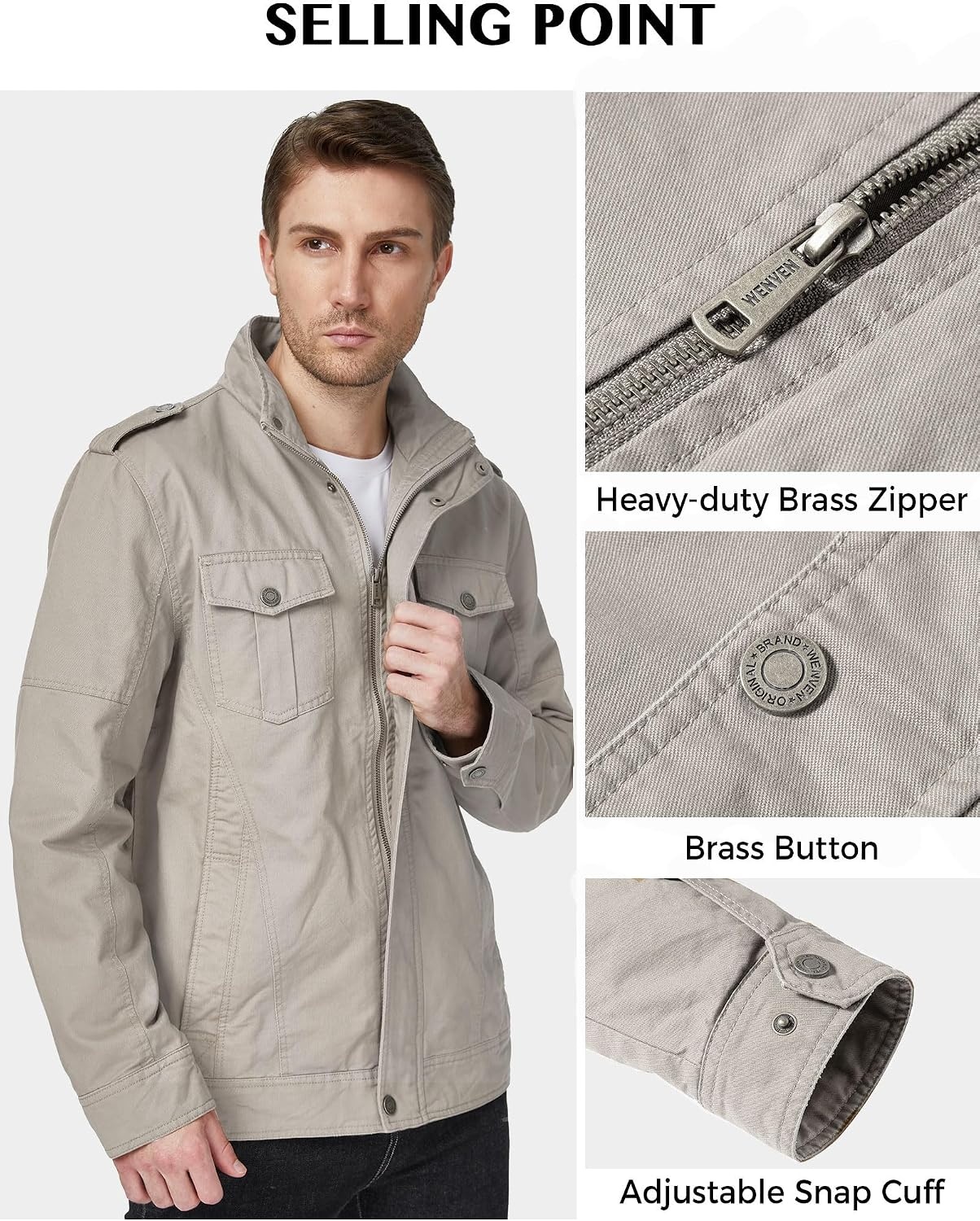 image:imageWenVen Mens Casual Washed Cotton Military Jacket Spring Fall Stand Collar Workwear Canvas CoatDesert Sand