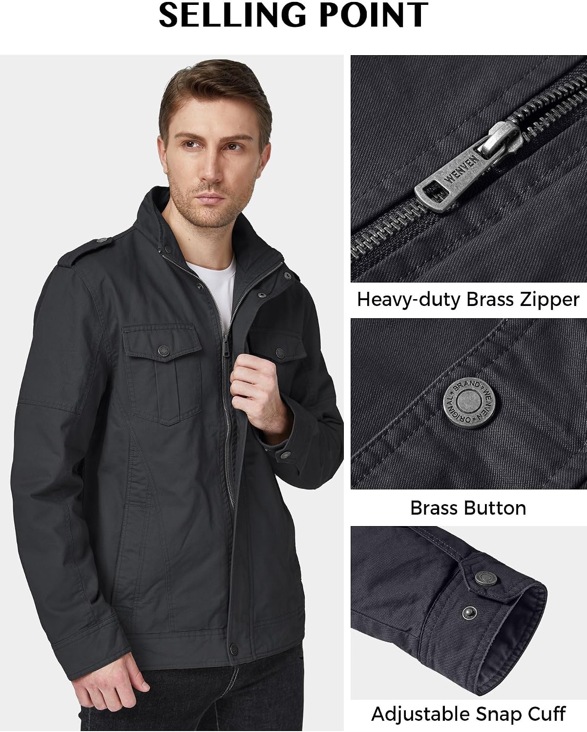 image:imageWenVen Mens Casual Washed Cotton Military Jacket Spring Fall Stand Collar Workwear Canvas CoatGrey