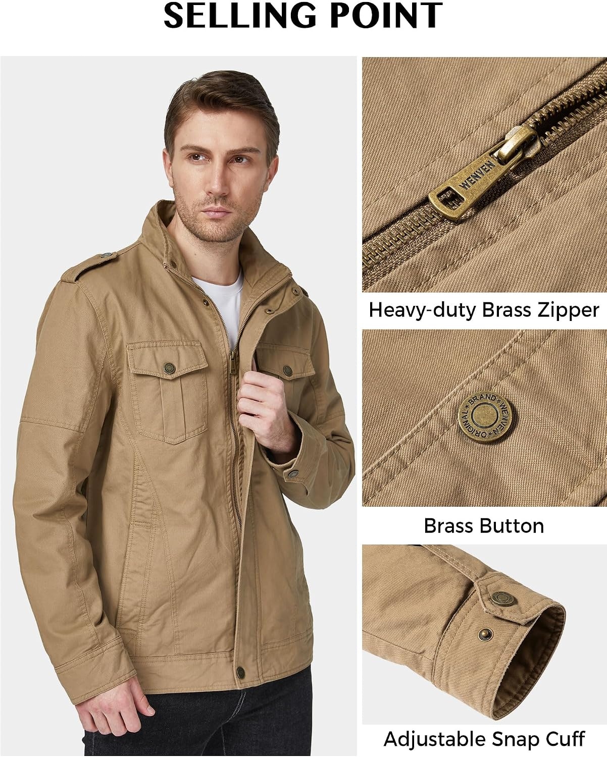 image:imageWenVen Mens Casual Washed Cotton Military Jacket Spring Fall Stand Collar Workwear Canvas CoatKhaki Brown