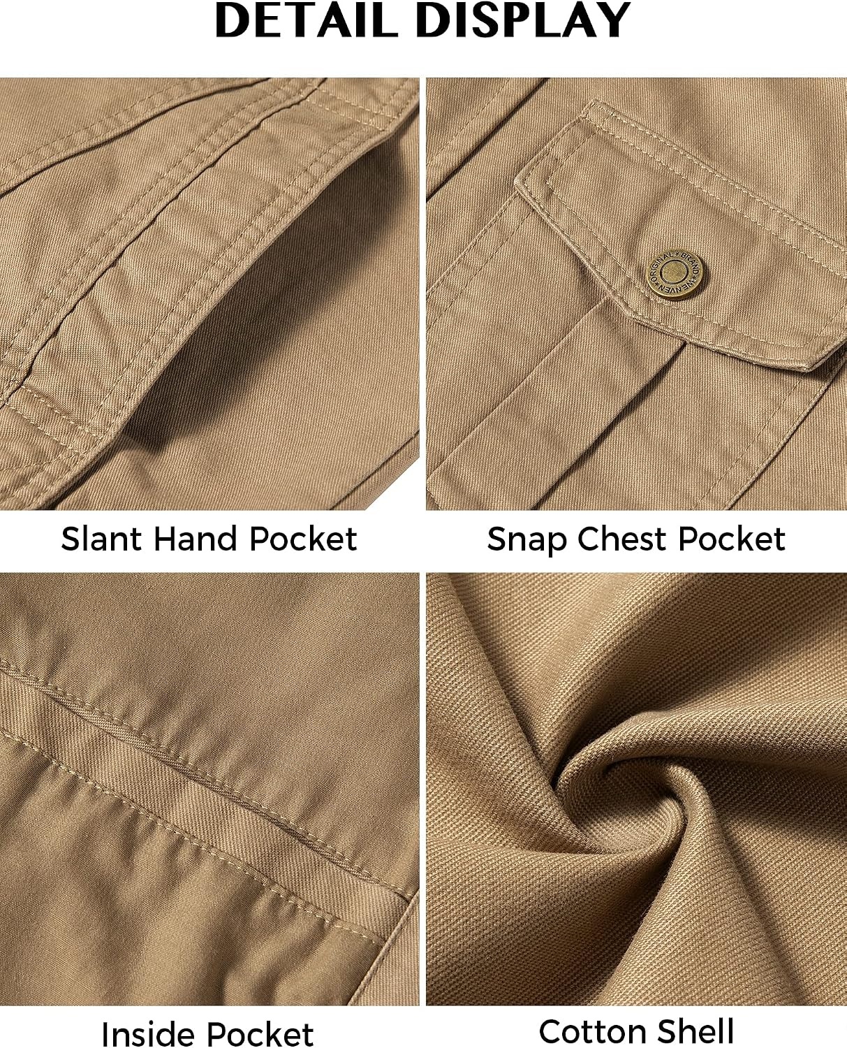 image:imageWenVen Mens Casual Washed Cotton Military Jacket Spring Fall Stand Collar Workwear Canvas CoatKhaki Brown