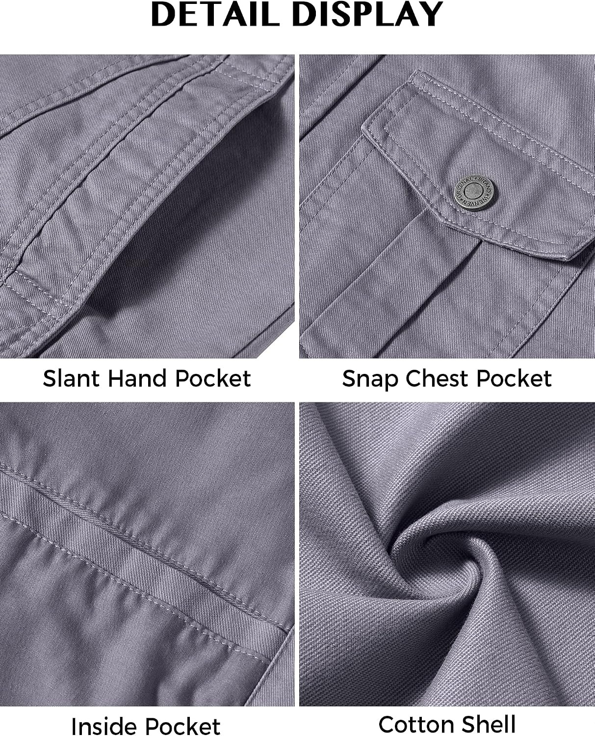 image:imageWenVen Mens Casual Washed Cotton Military Jacket Spring Fall Stand Collar Workwear Canvas CoatLight Grey