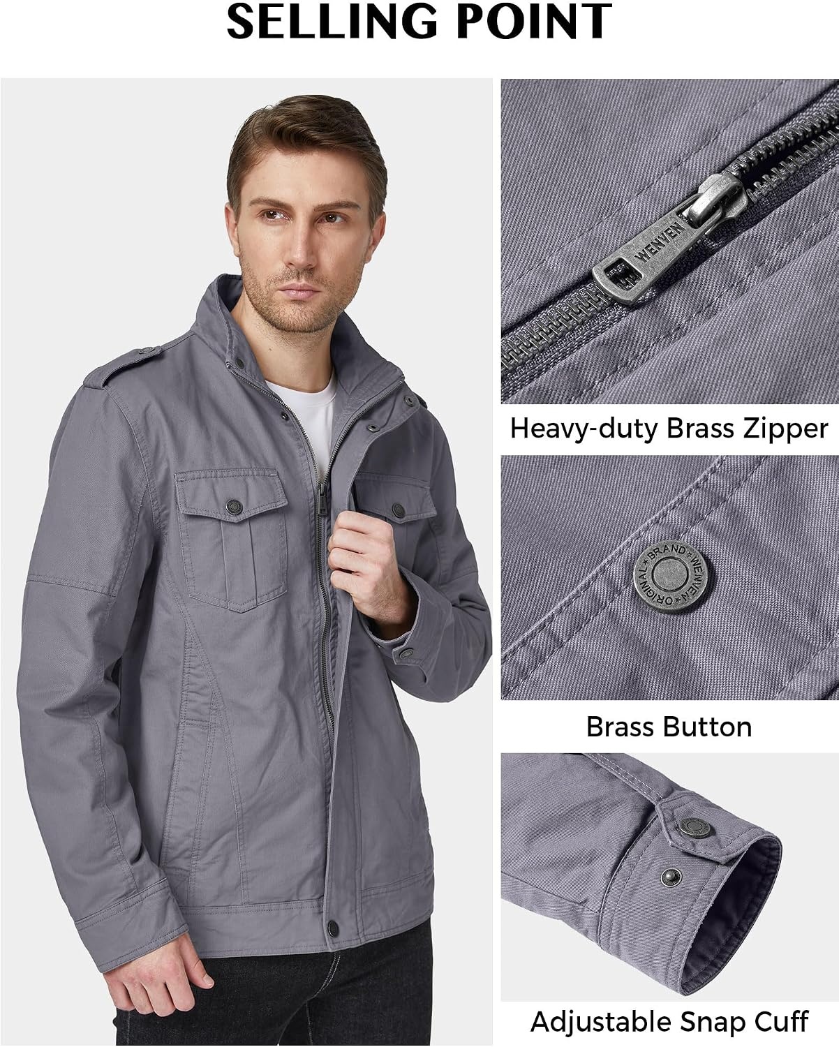 image:imageWenVen Mens Casual Washed Cotton Military Jacket Spring Fall Stand Collar Workwear Canvas CoatLight Grey