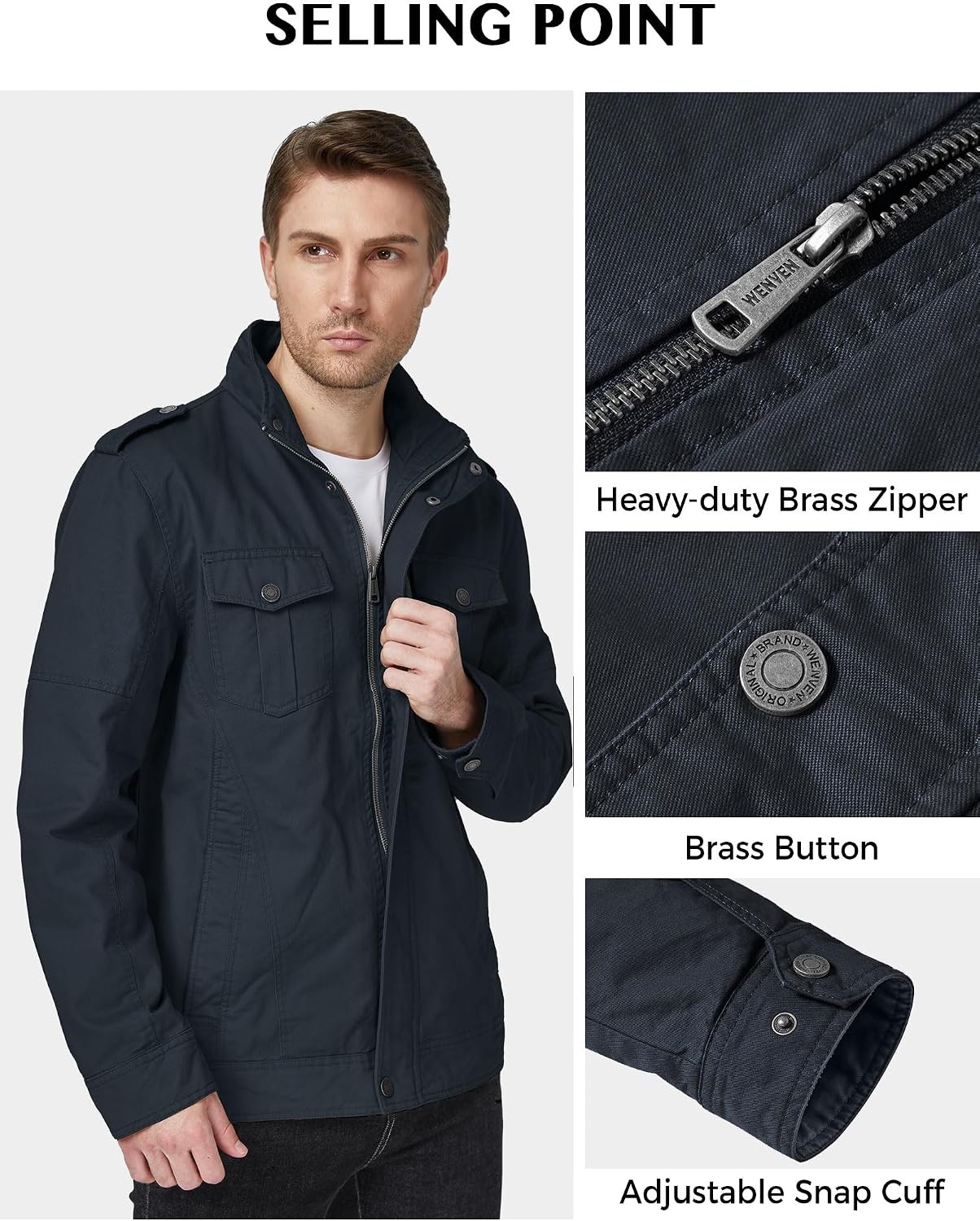 image:imageWenVen Mens Casual Washed Cotton Military Jacket Spring Fall Stand Collar Workwear Canvas CoatNavy