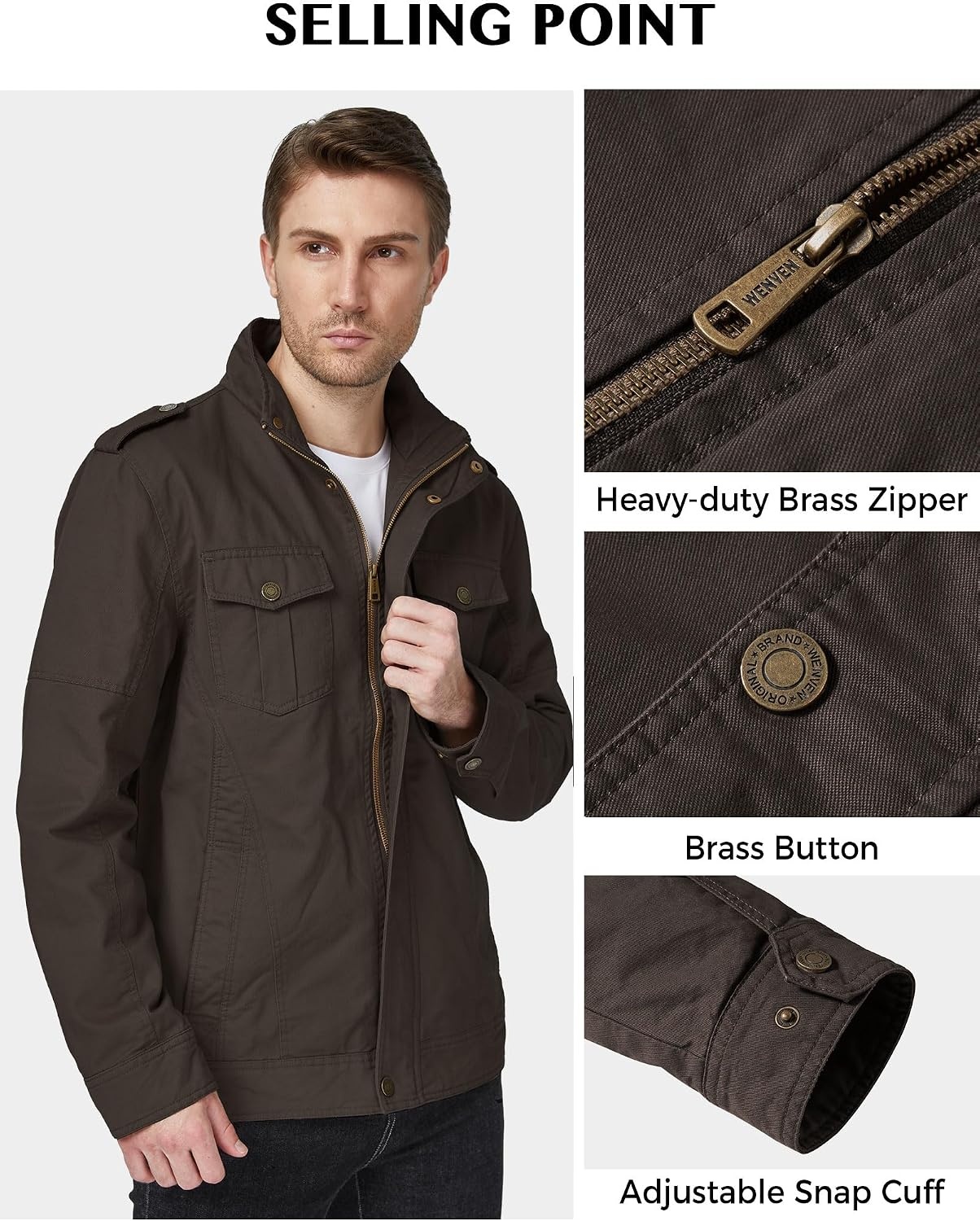 image:imageWenVen Mens Casual Washed Cotton Military Jacket Spring Fall Stand Collar Workwear Canvas CoatTobacco