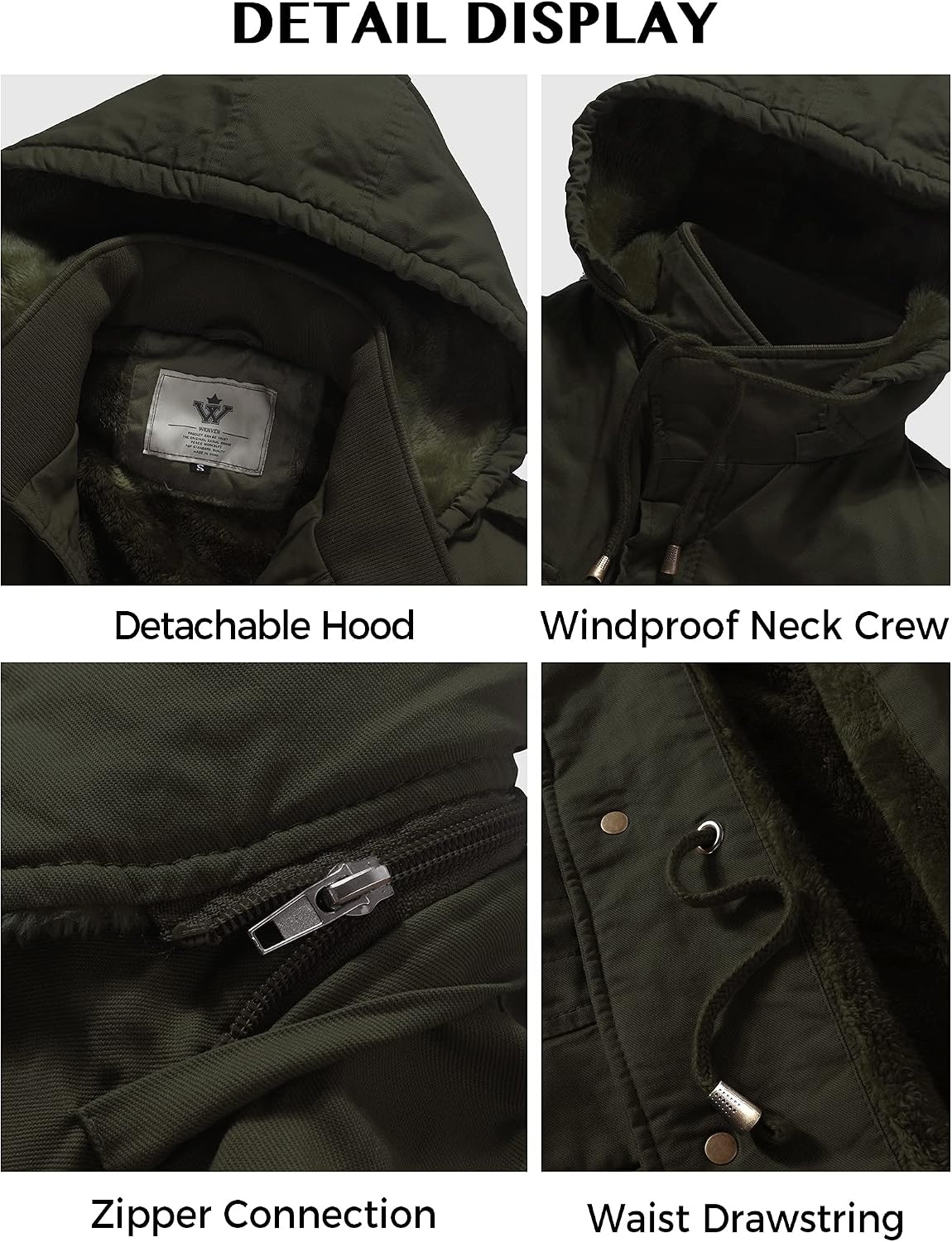 image:imageWenVen Mens Winter Thickened Military Parka Jacket Warm Coat Cotton Utility Outerwear with Removable HoodArmy Green