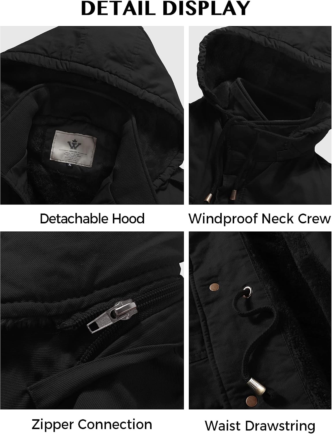 image:imageWenVen Mens Winter Thickened Military Parka Jacket Warm Coat Cotton Utility Outerwear with Removable HoodBlack