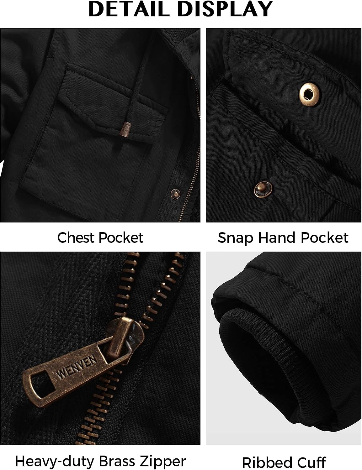 image:imageWenVen Mens Winter Thickened Military Parka Jacket Warm Coat Cotton Utility Outerwear with Removable HoodBlack