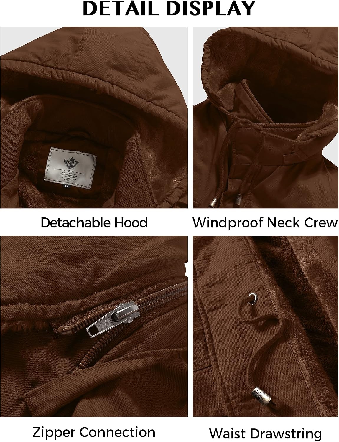 image:imageWenVen Mens Winter Thickened Military Parka Jacket Warm Coat Cotton Utility Outerwear with Removable HoodCoffee