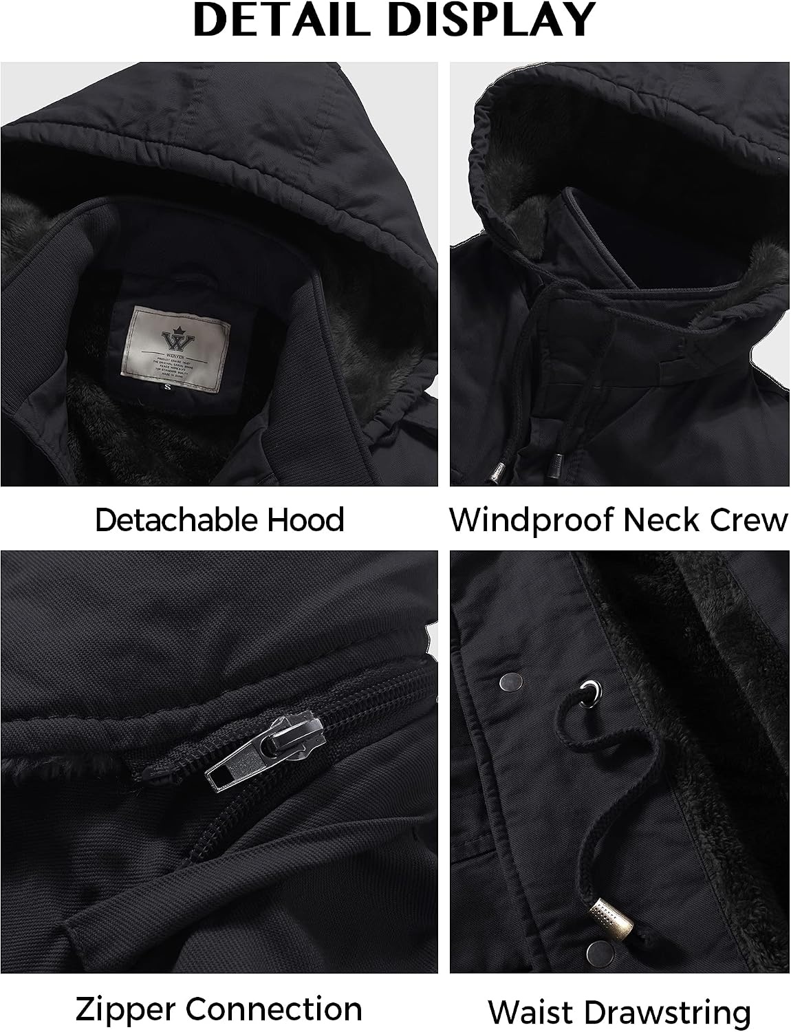 image:imageWenVen Mens Winter Thickened Military Parka Jacket Warm Coat Cotton Utility Outerwear with Removable HoodGrey