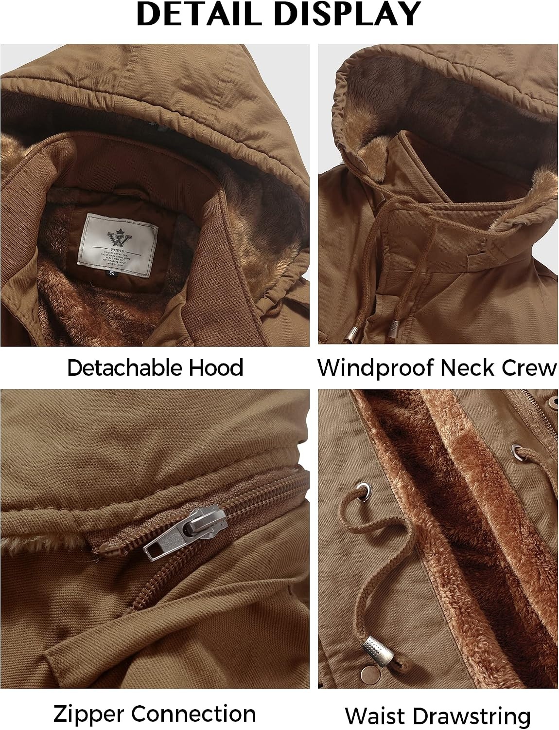 image:imageWenVen Mens Winter Thickened Military Parka Jacket Warm Coat Cotton Utility Outerwear with Removable HoodKhaki