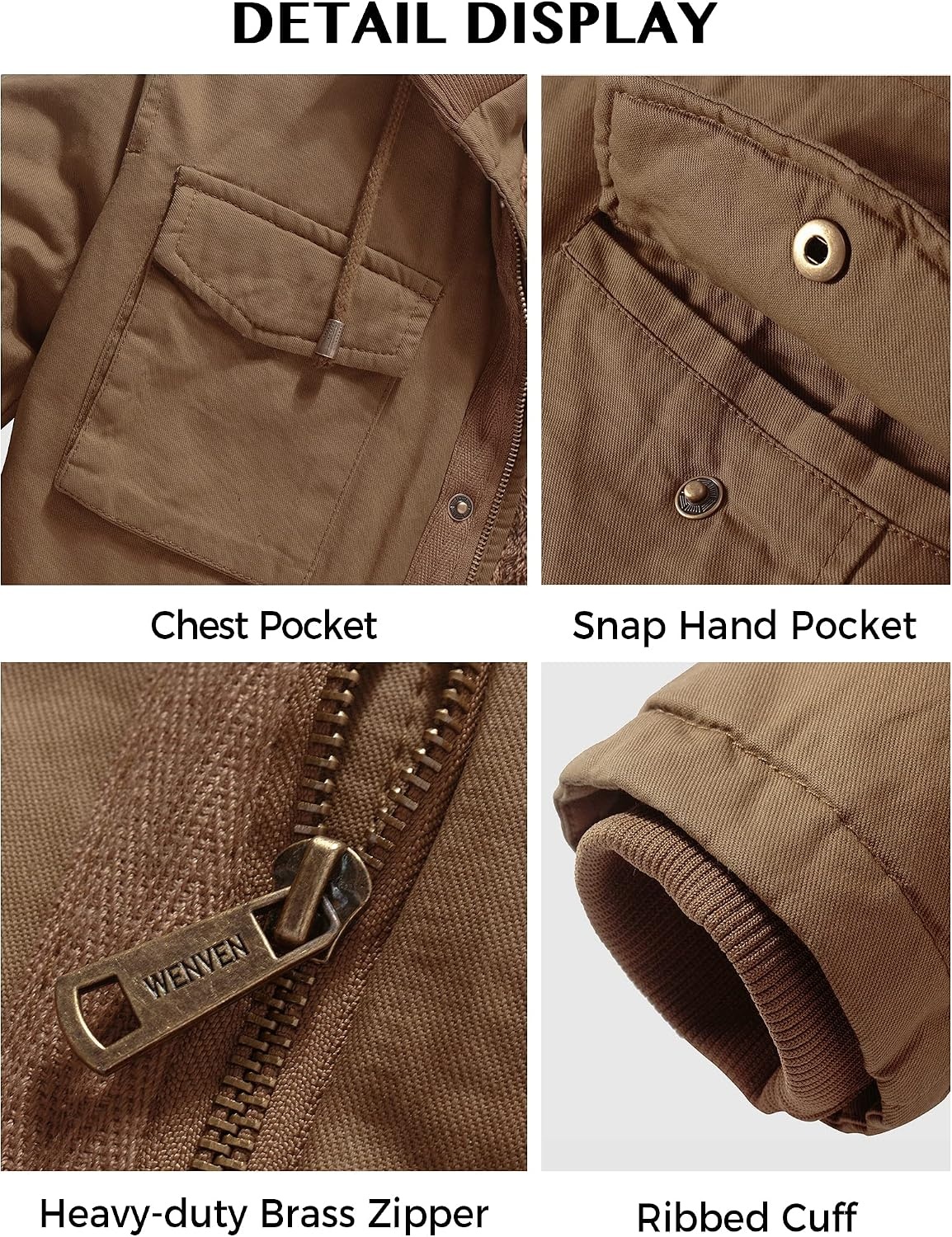 image:imageWenVen Mens Winter Thickened Military Parka Jacket Warm Coat Cotton Utility Outerwear with Removable HoodKhaki