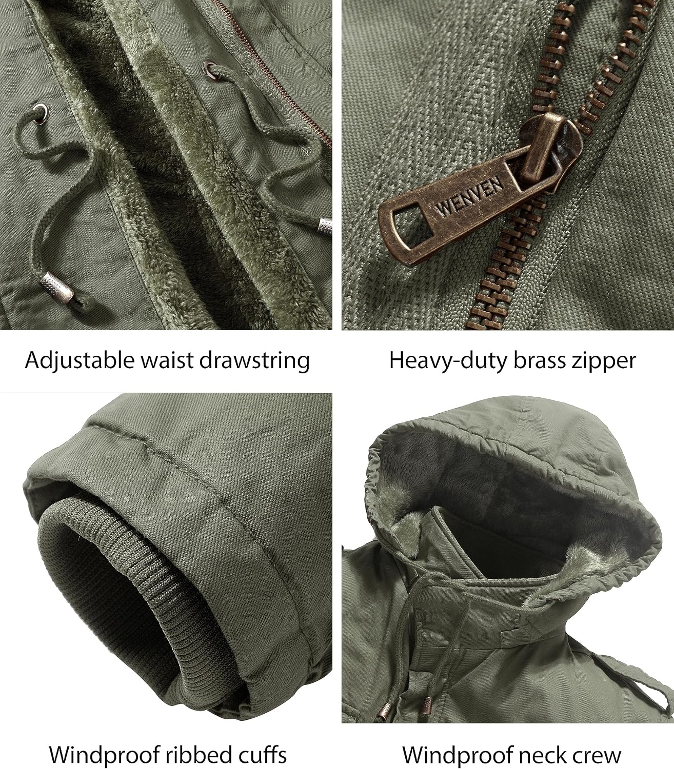 image:imageWenVen Mens Winter Thickened Military Parka Jacket Warm Coat Cotton Utility Outerwear with Removable HoodLight Olive