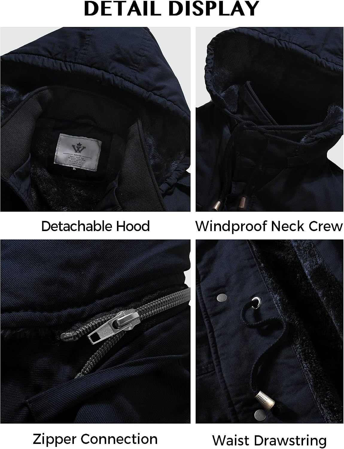 image:imageWenVen Mens Winter Thickened Military Parka Jacket Warm Coat Cotton Utility Outerwear with Removable HoodNavy
