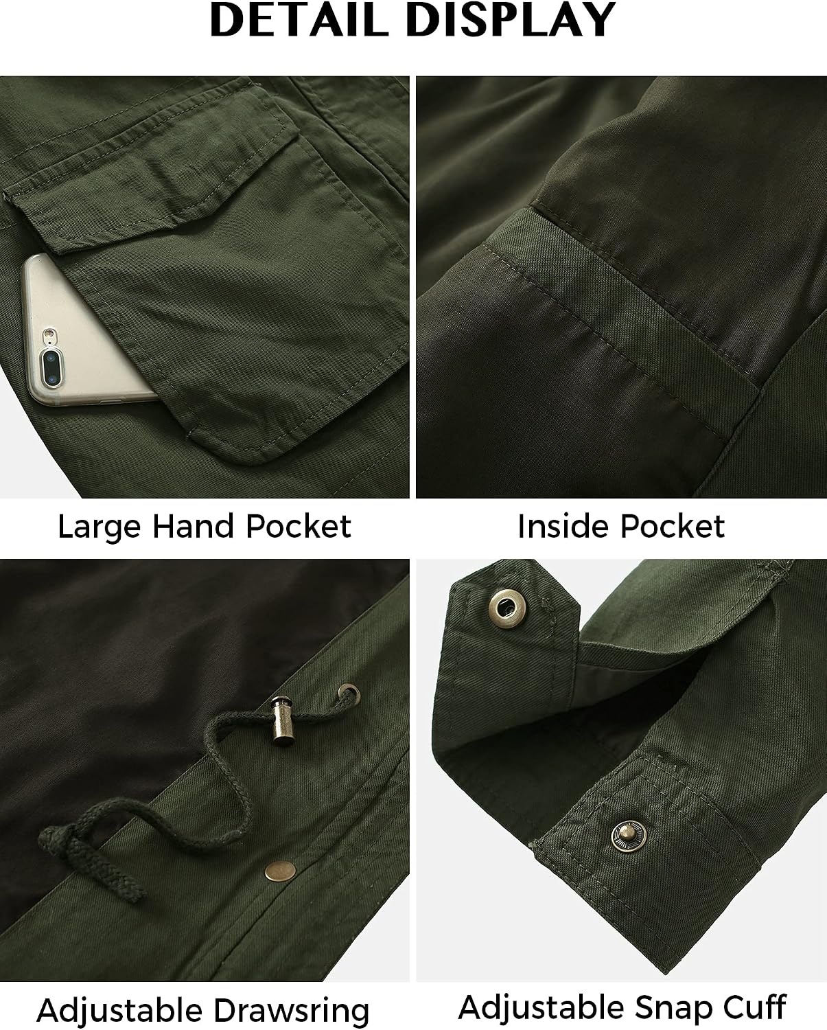 image:imageWenVen Womens Lightweight Cotton Military Hooded Utility Jacket Casual Removable Hooded AnorakArmy Green