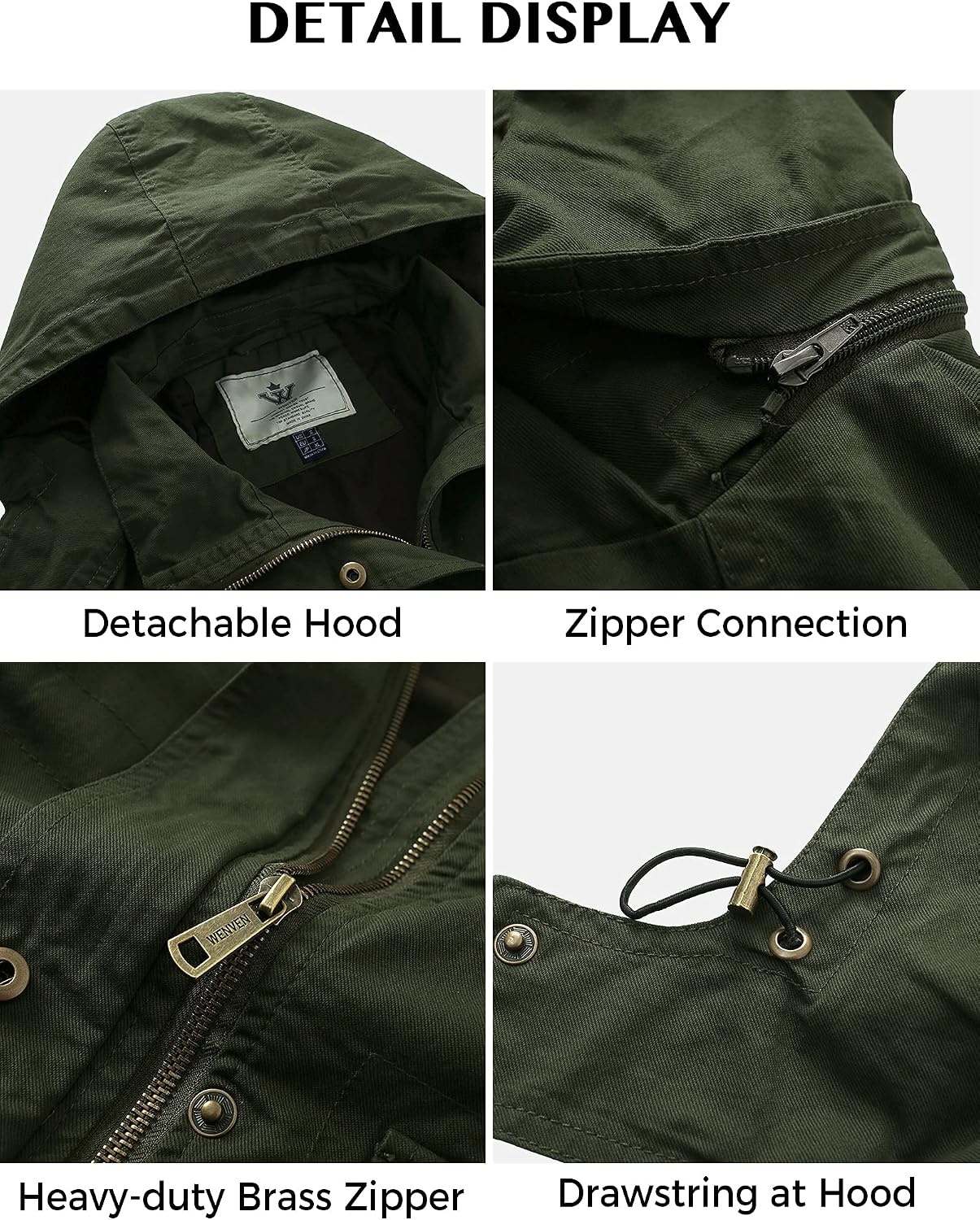 image:imageWenVen Womens Lightweight Cotton Military Hooded Utility Jacket Casual Removable Hooded AnorakArmy Green