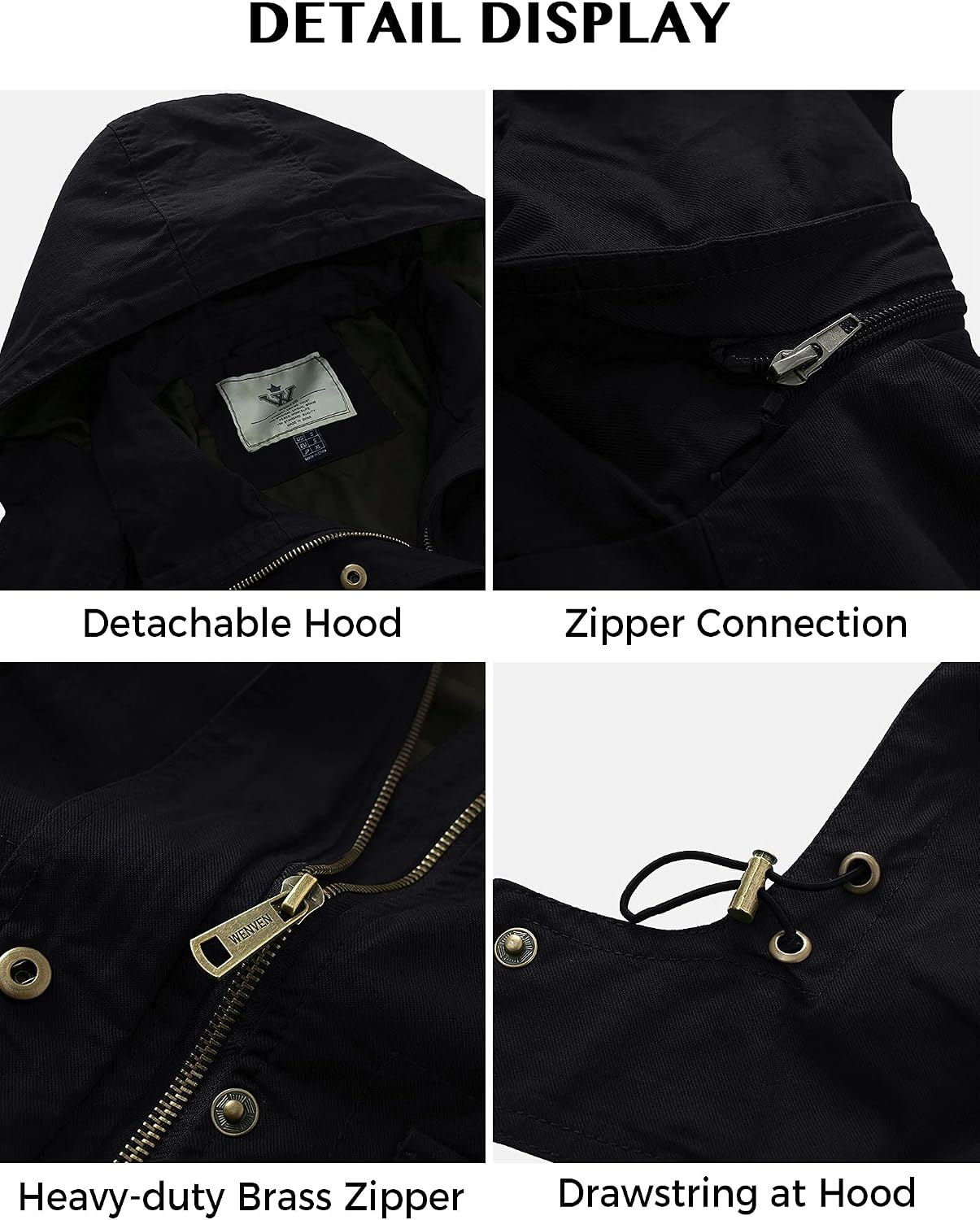 image:imageWenVen Womens Lightweight Cotton Military Hooded Utility Jacket Casual Removable Hooded AnorakBlack