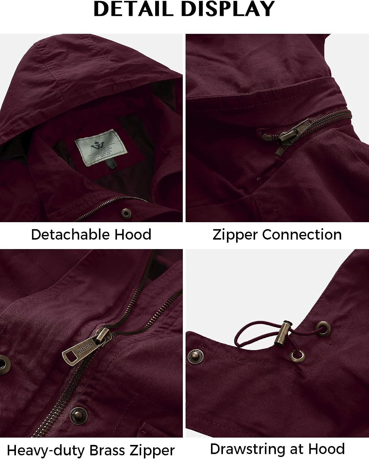 image:imageWenVen Womens Lightweight Cotton Military Hooded Utility Jacket Casual Removable Hooded AnorakDeep Wine