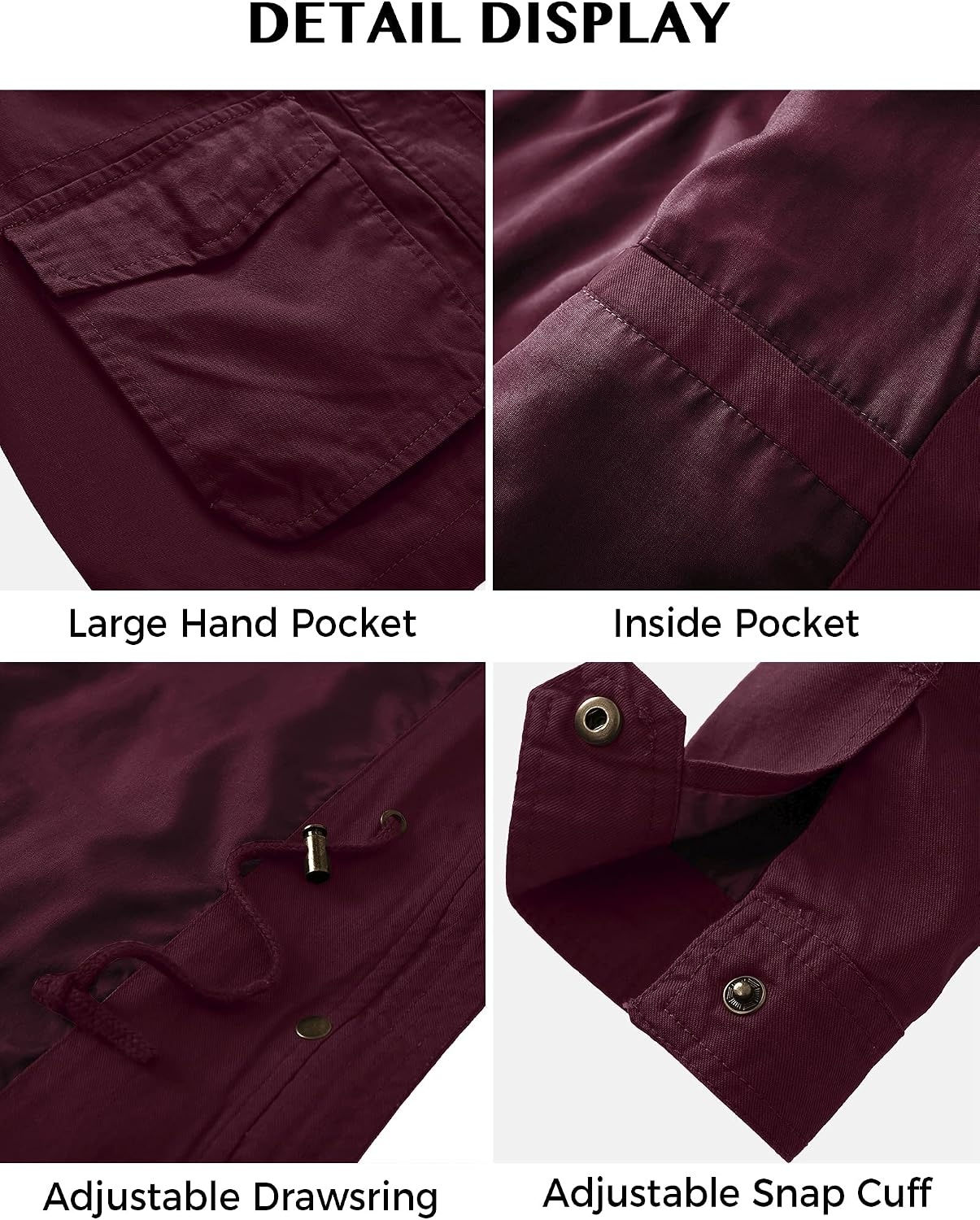 image:imageWenVen Womens Lightweight Cotton Military Hooded Utility Jacket Casual Removable Hooded AnorakDeep Wine