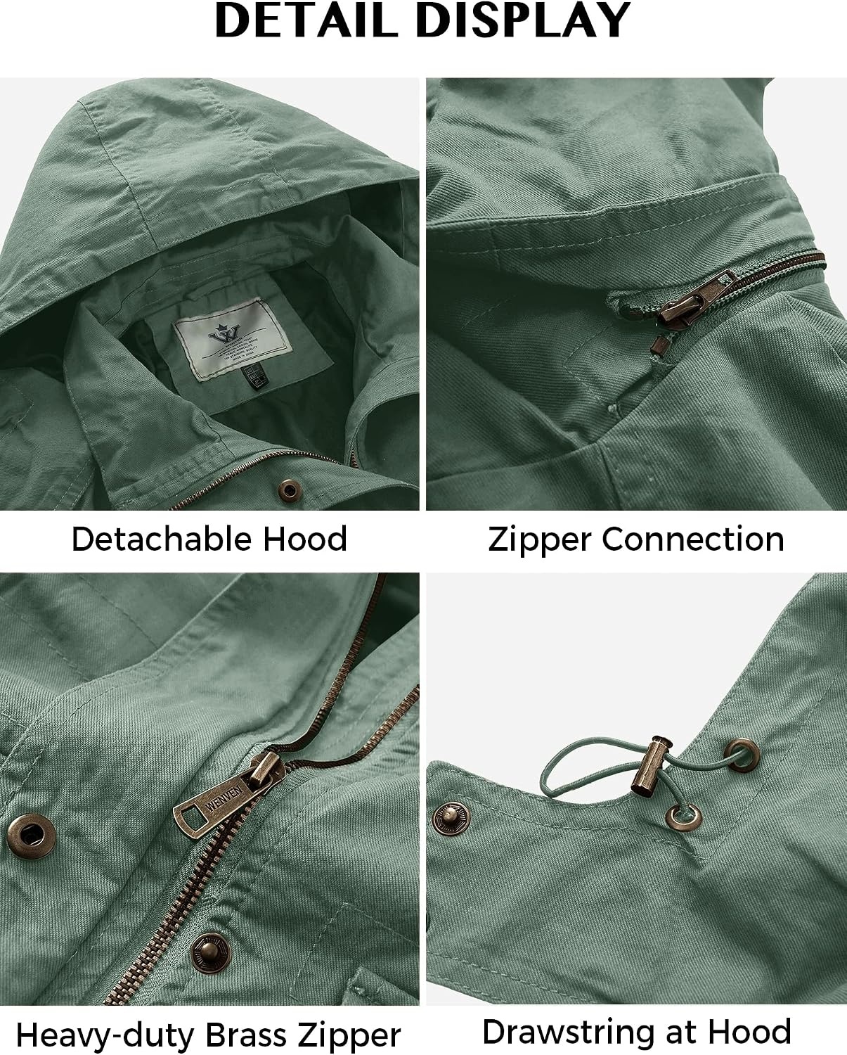 image:imageWenVen Womens Lightweight Cotton Military Hooded Utility Jacket Casual Removable Hooded AnorakGreen