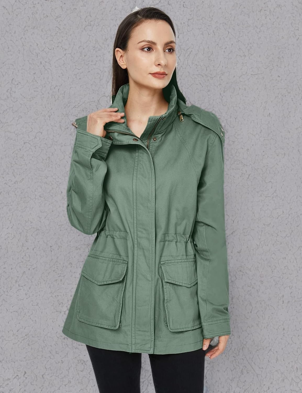 image:imageWenVen Womens Lightweight Cotton Military Hooded Utility Jacket Casual Removable Hooded AnorakGreen