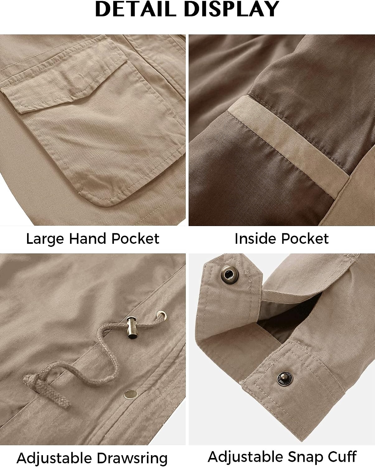 image:imageWenVen Womens Lightweight Cotton Military Hooded Utility Jacket Casual Removable Hooded AnorakKhaki