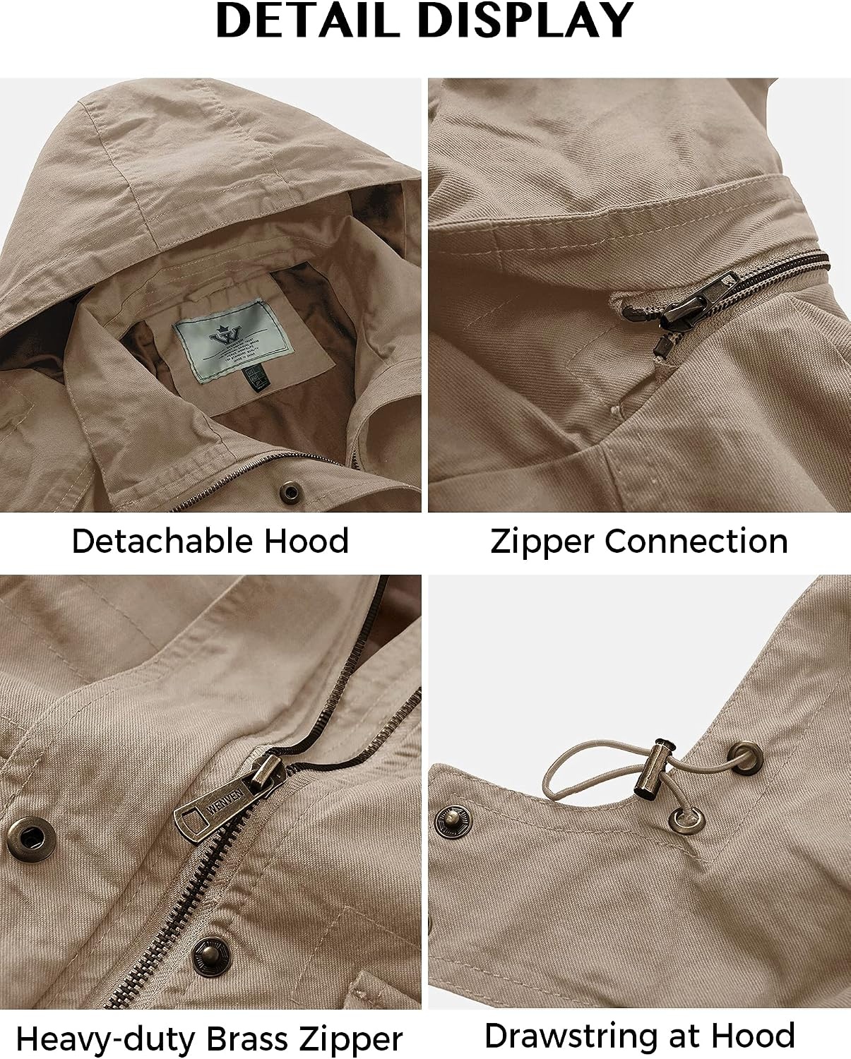 image:imageWenVen Womens Lightweight Cotton Military Hooded Utility Jacket Casual Removable Hooded AnorakKhaki