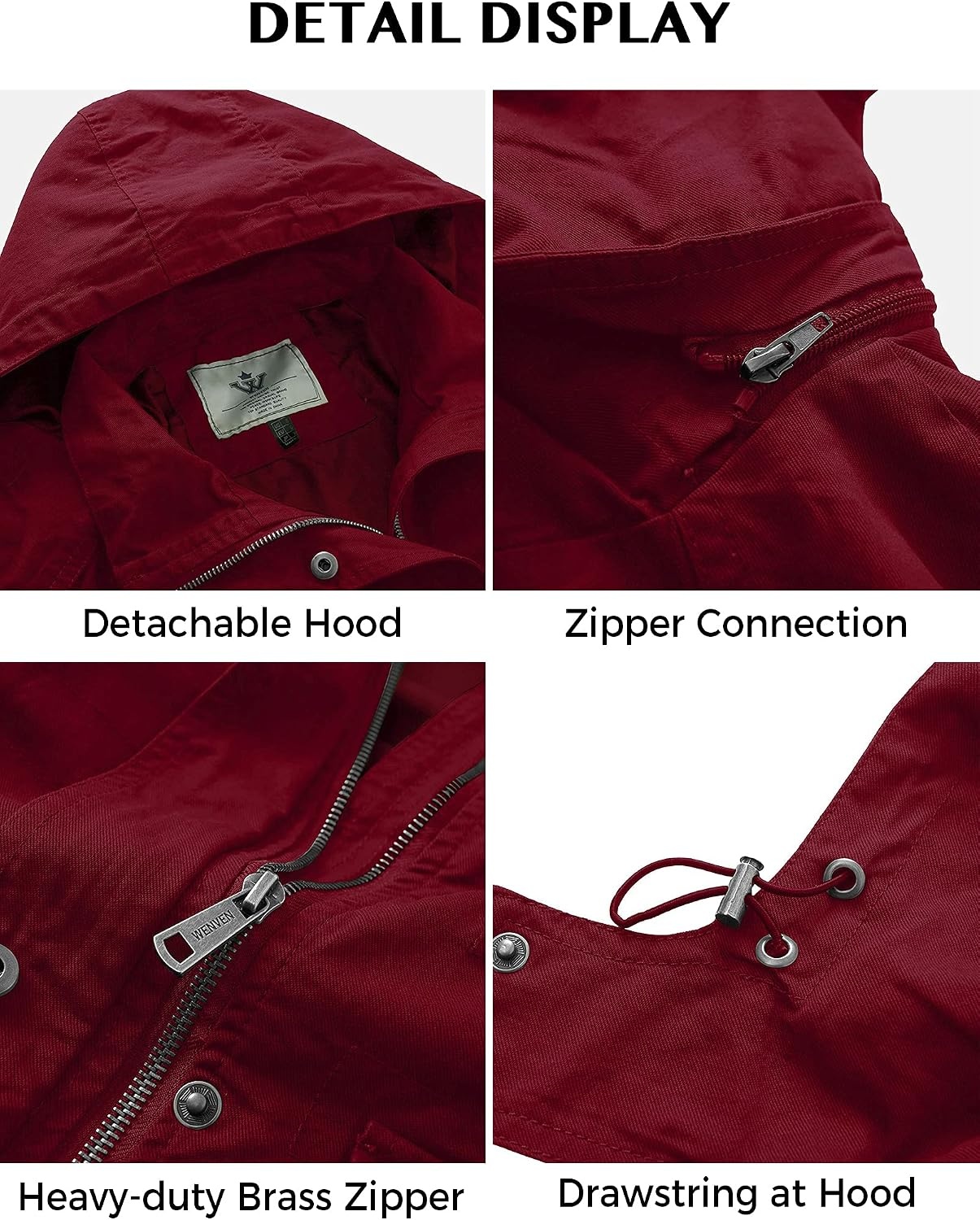 image:imageWenVen Womens Lightweight Cotton Military Hooded Utility Jacket Casual Removable Hooded AnorakRed