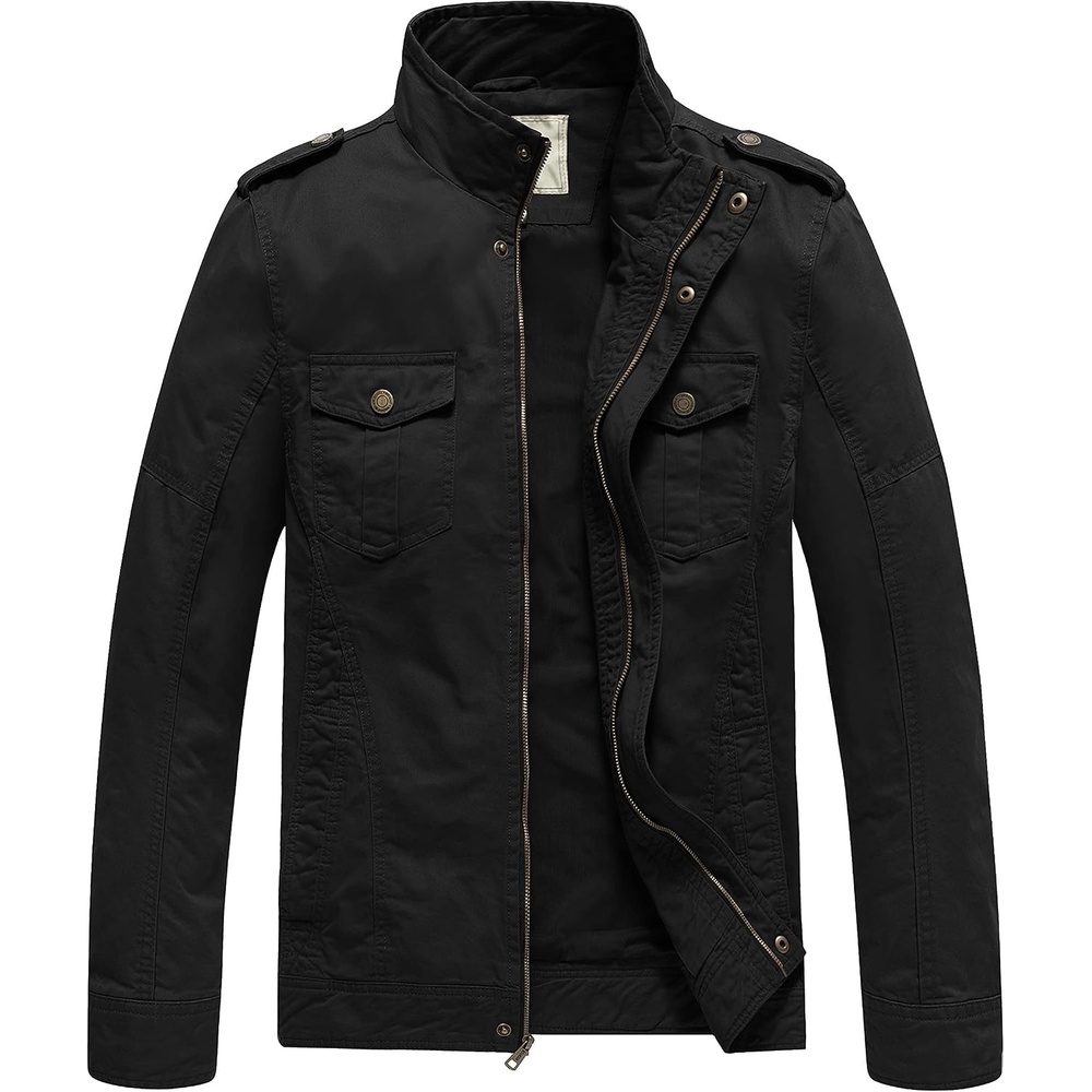 image:imageWenVen Mens Casual Washed Cotton Military Jacket Spring Fall Stand Collar Workwear Canvas CoatBlack