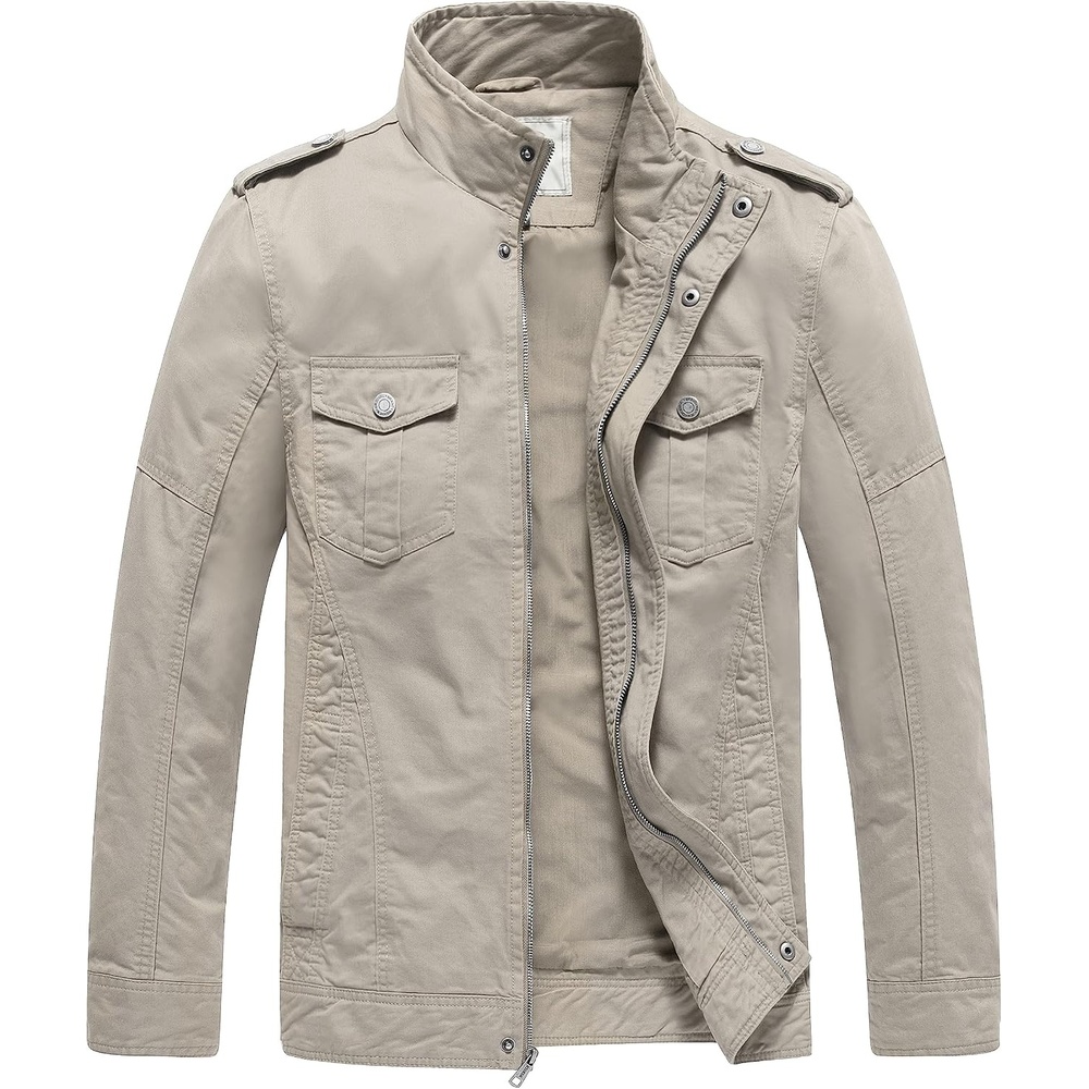 image:imageWenVen Mens Casual Washed Cotton Military Jacket Spring Fall Stand Collar Workwear Canvas CoatDesert Sand