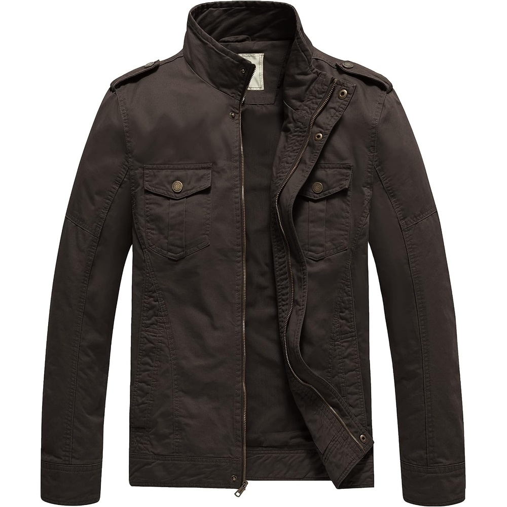 image:imageWenVen Mens Casual Washed Cotton Military Jacket Spring Fall Stand Collar Workwear Canvas CoatTobacco
