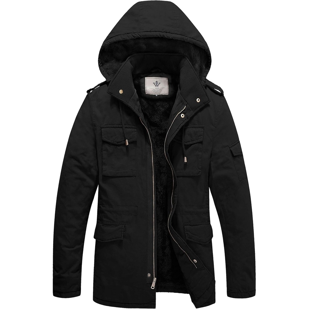 image:imageWenVen Mens Winter Thickened Military Parka Jacket Warm Coat Cotton Utility Outerwear with Removable HoodBlack