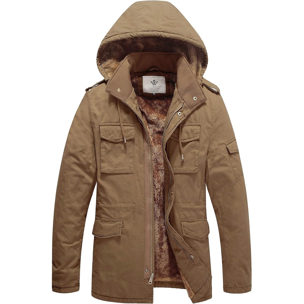 image:imageWenVen Mens Winter Thickened Military Parka Jacket Warm Coat Cotton Utility Outerwear with Removable HoodKhaki