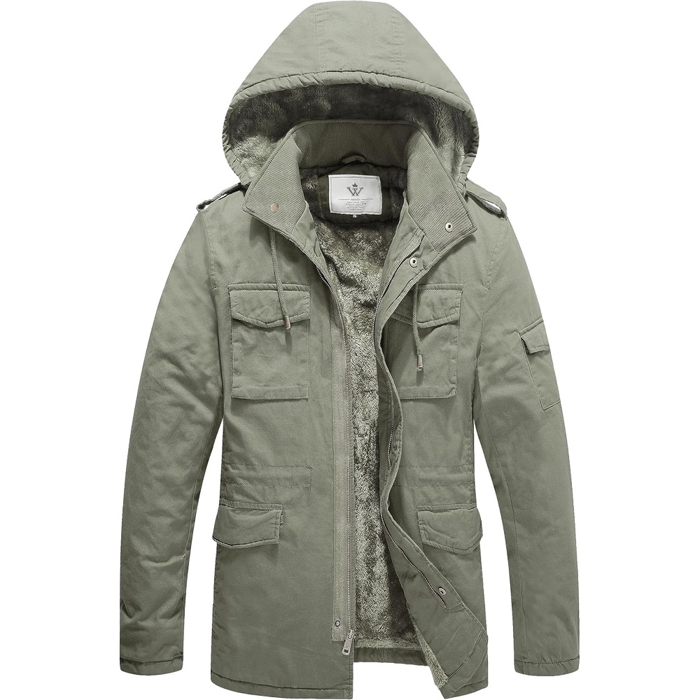 image:imageWenVen Mens Winter Thickened Military Parka Jacket Warm Coat Cotton Utility Outerwear with Removable HoodLight Olive