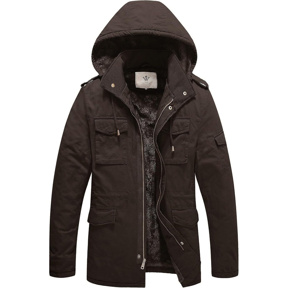 image:imageWenVen Mens Winter Thickened Military Parka Jacket Warm Coat Cotton Utility Outerwear with Removable HoodTobacco