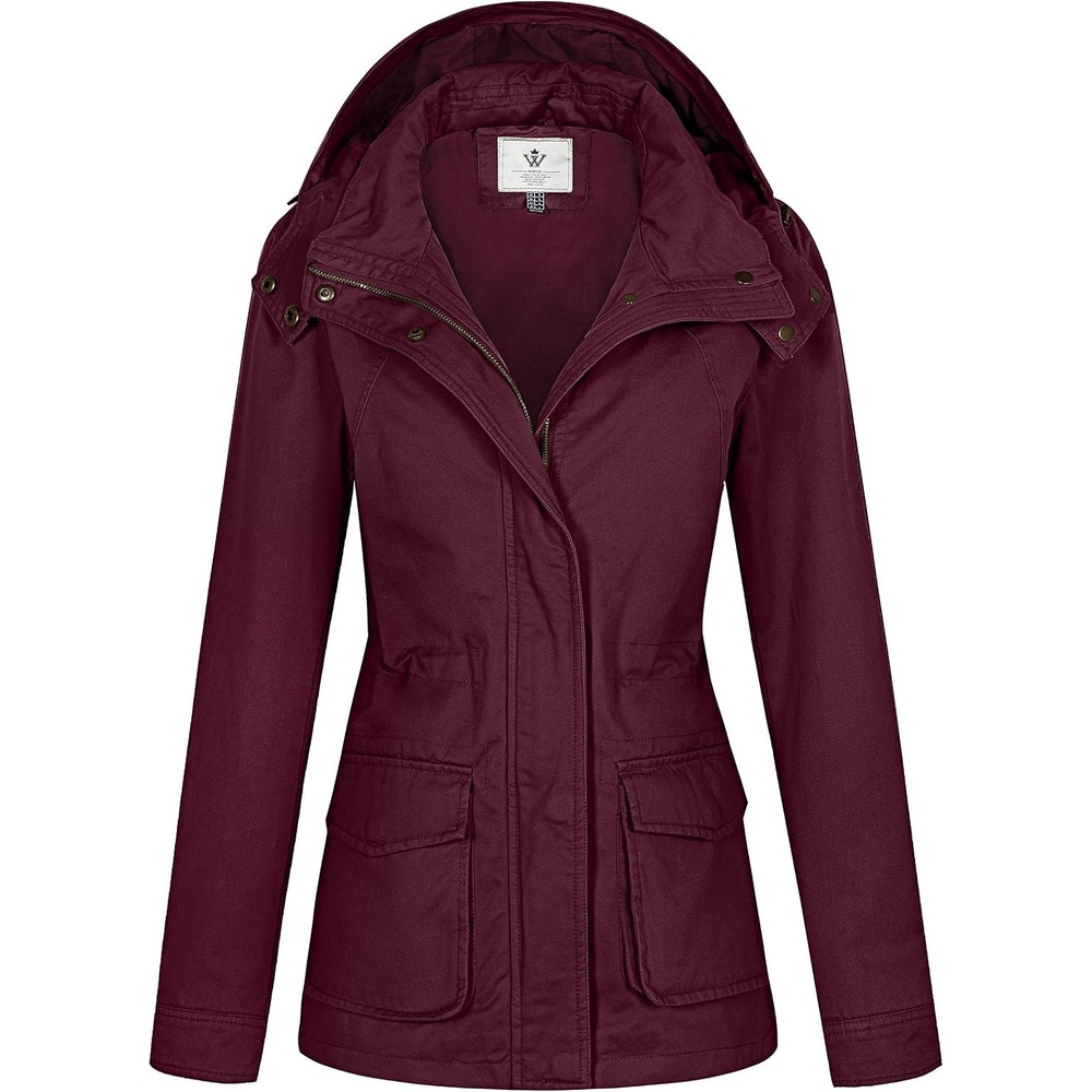 image:imageWenVen Womens Lightweight Cotton Military Hooded Utility Jacket Casual Removable Hooded AnorakDeep Wine