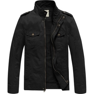 WenVen Men’s Casual Washed Cotton Military Jacket | Spring Fall Stand Collar Workwear Canvas Coat(Black)