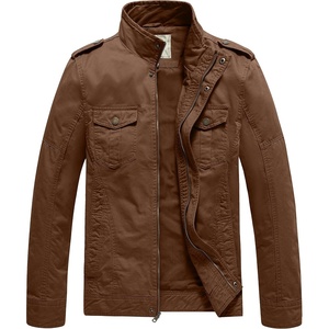 WenVen Men’s Casual Washed Cotton Military Jacket | Spring Fall Stand Collar Workwear Canvas Coat(Coffee)