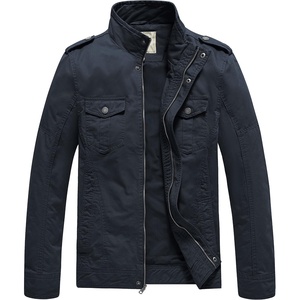 WenVen Men’s Casual Washed Cotton Military Jacket | Spring Fall Stand Collar Workwear Canvas Coat(Navy)