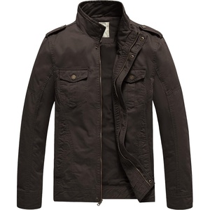 WenVen Men’s Casual Washed Cotton Military Jacket | Spring Fall Stand Collar Workwear Canvas Coat(Tobacco)