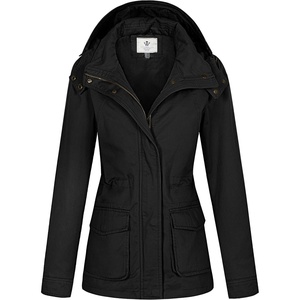WenVen Women’s Lightweight Cotton Military Hooded Utility Jacket | Casual Removable Hooded Anorak(Black)