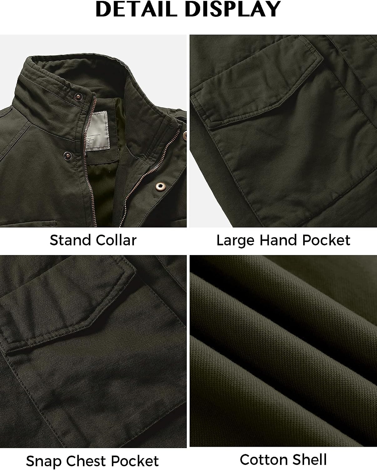 image:imageWenVen Mens Lightweight Twill Cotton Military Windbreaker Canvas Jacket Spring Casual CoatArmy Green