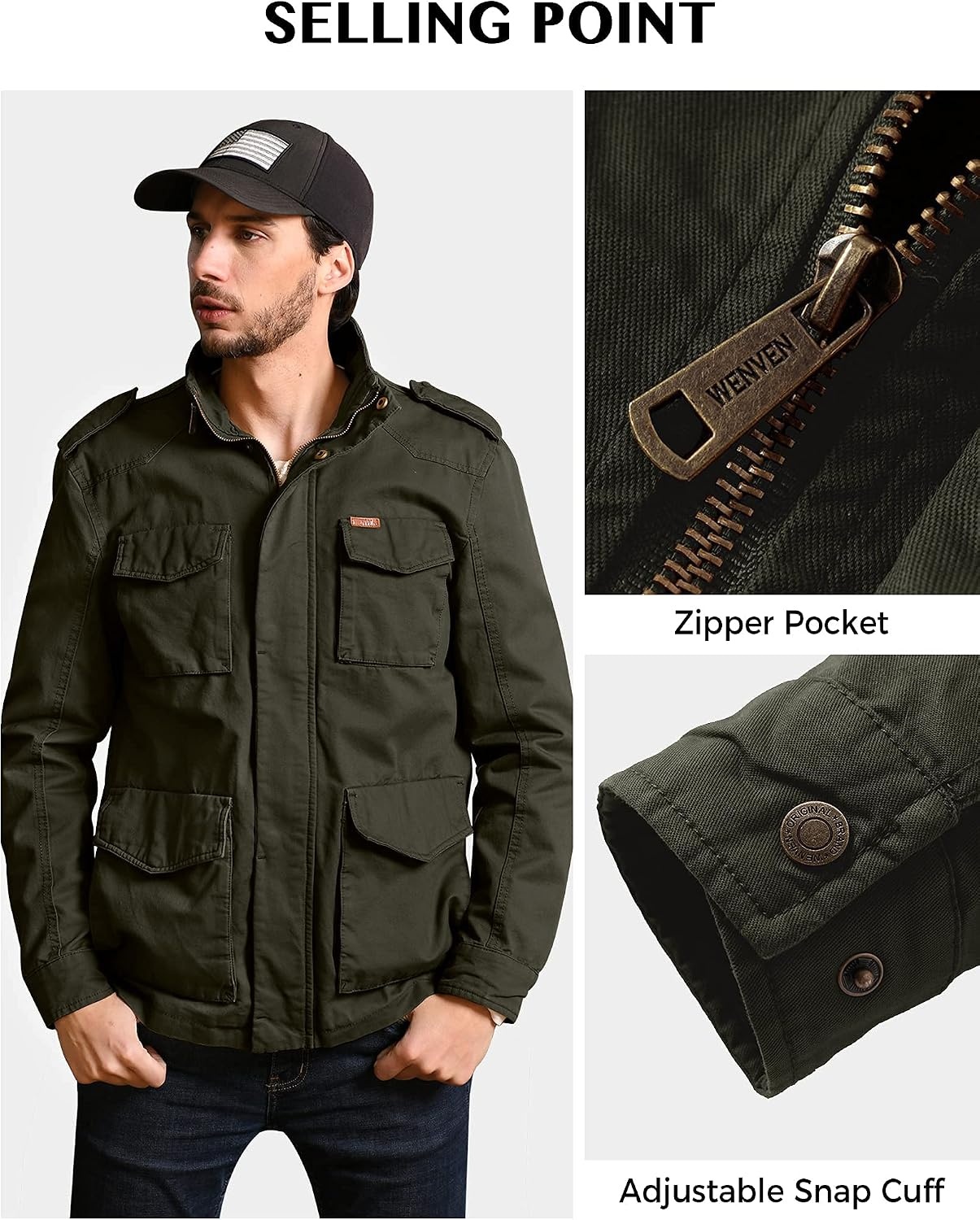 image:imageWenVen Mens Lightweight Twill Cotton Military Windbreaker Canvas Jacket Spring Casual CoatArmy Green