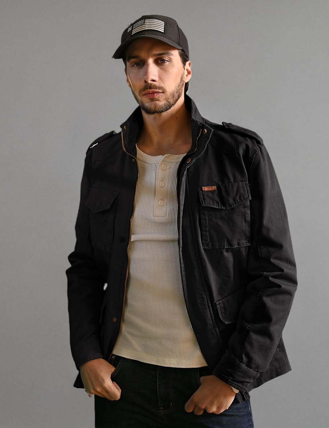 image:imageWenVen Mens Lightweight Twill Cotton Military Windbreaker Canvas Jacket Spring Casual CoatBlack