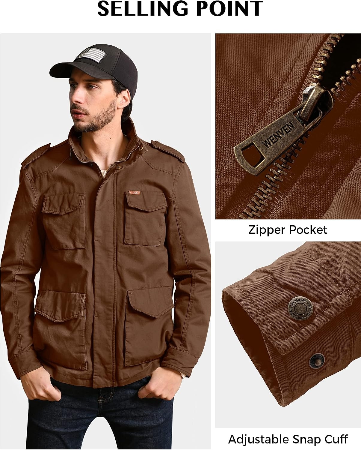 image:imageWenVen Mens Lightweight Twill Cotton Military Windbreaker Canvas Jacket Spring Casual CoatCoffee