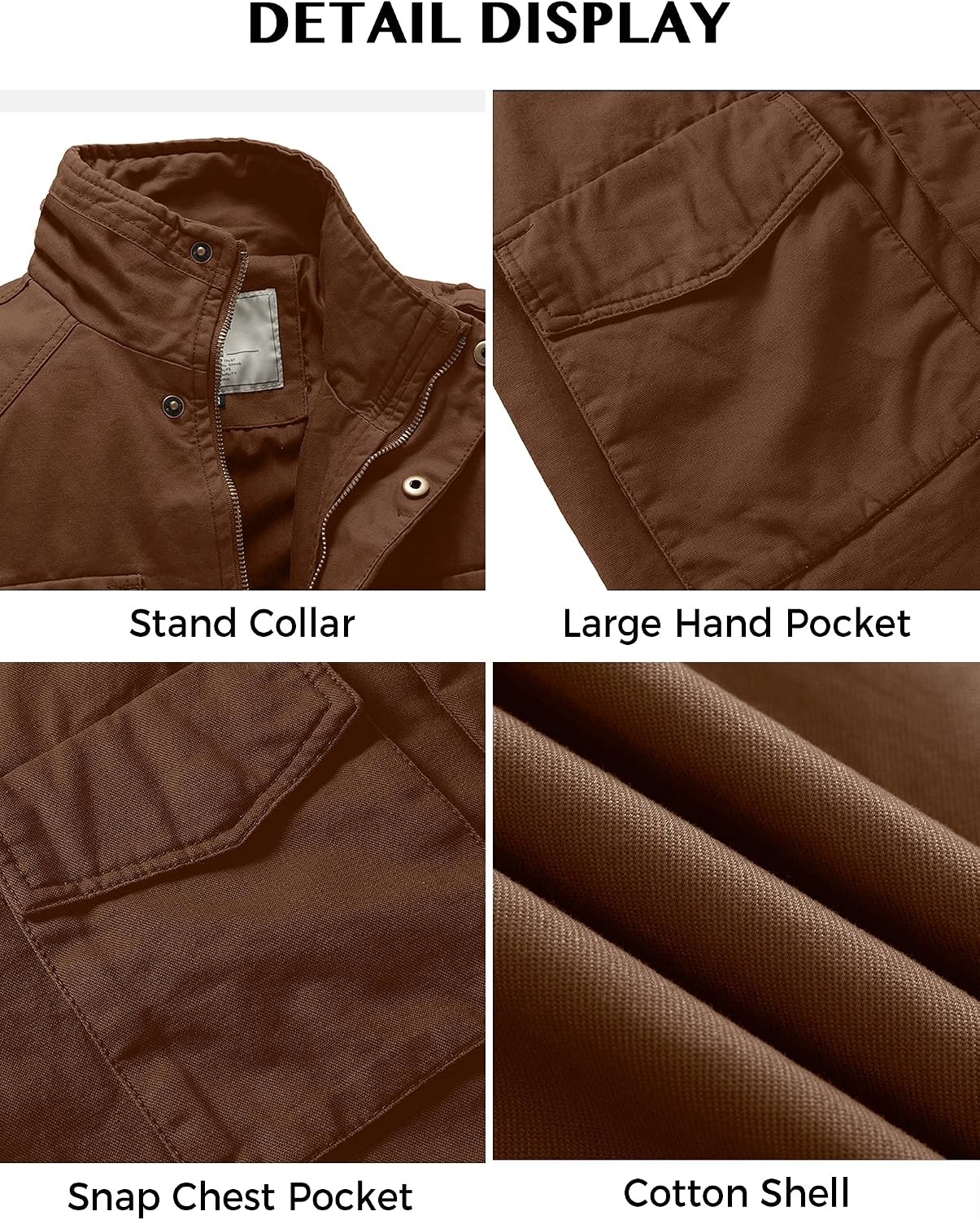 image:imageWenVen Mens Lightweight Twill Cotton Military Windbreaker Canvas Jacket Spring Casual CoatCoffee