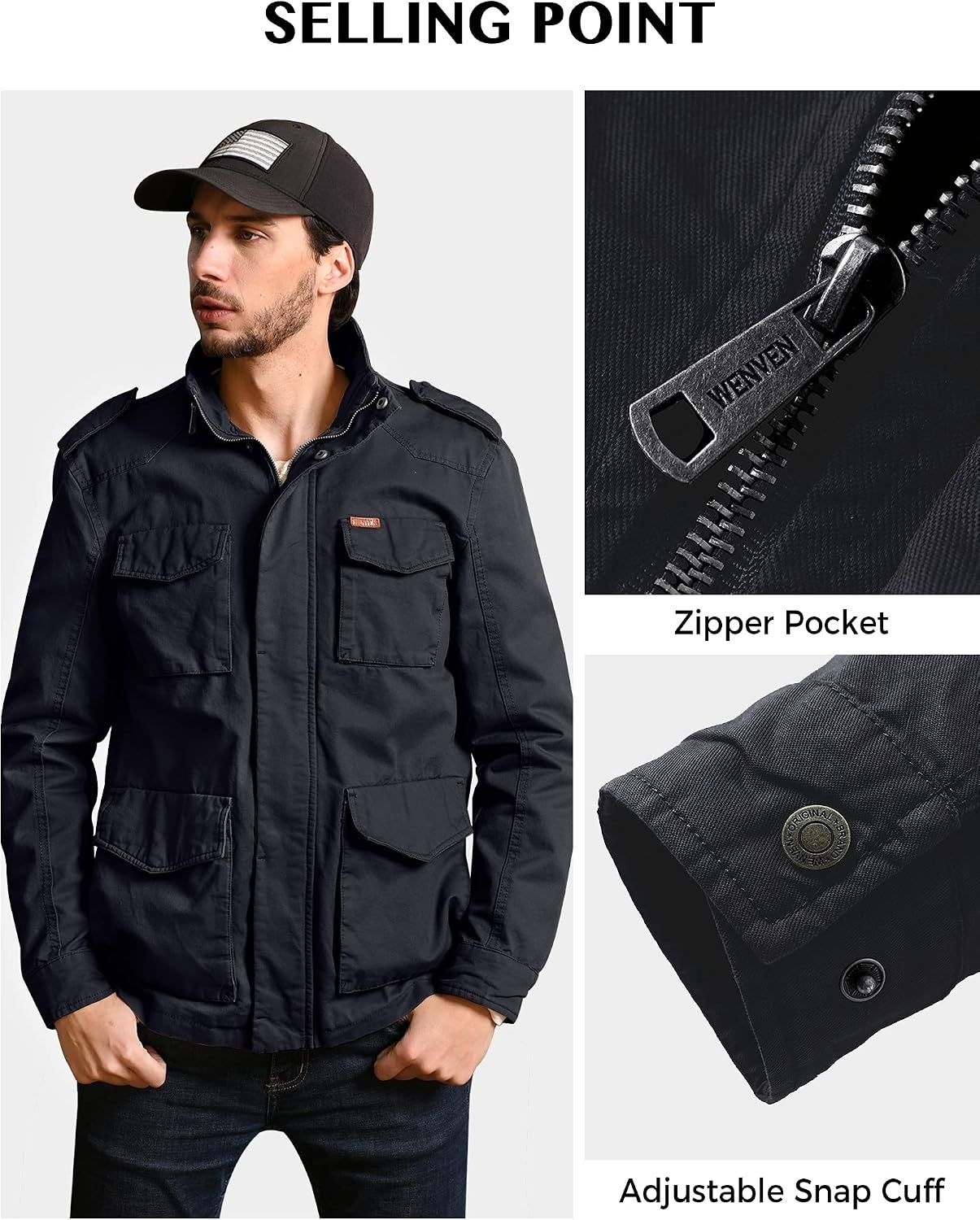 image:imageWenVen Mens Lightweight Twill Cotton Military Windbreaker Canvas Jacket Spring Casual CoatGrey