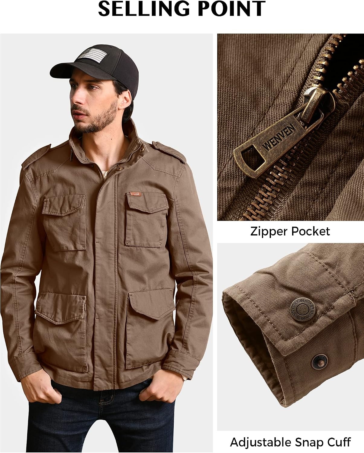 image:imageWenVen Mens Lightweight Twill Cotton Military Windbreaker Canvas Jacket Spring Casual CoatKhaki