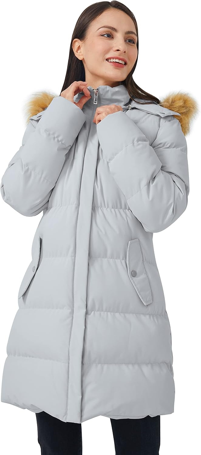 image:imageWenVen Womens Winter Thickened Long Puffer Coat Warm Parka Jacket Removable Faux Fur Hood Windproof Waterproof Plus Size AvailableGrey